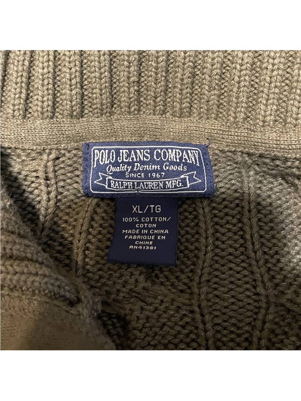 Polo Jeans Company Sweater Mens XL Olive Green Cable Knit Cardigan Button Front - Picture 4 of 7